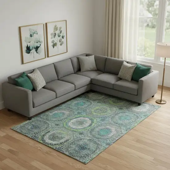 Teal And Lime Green Geometric Washable Area Rug With UV Protection Photo 2