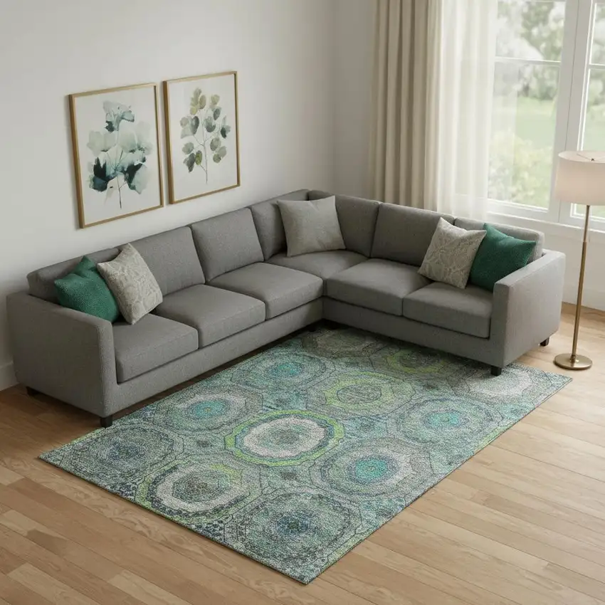 Teal And Lime Green Geometric Washable Area Rug With UV Protection Photo 2