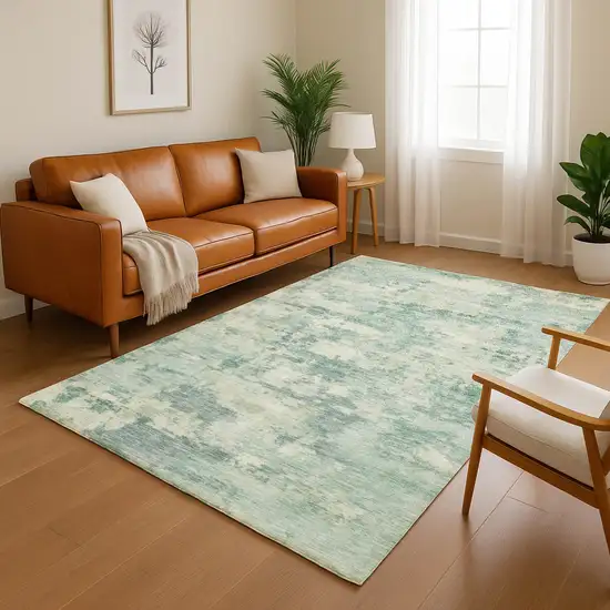 Teal And Linen Abstract Washable Area Rug With UV Protection Photo 5