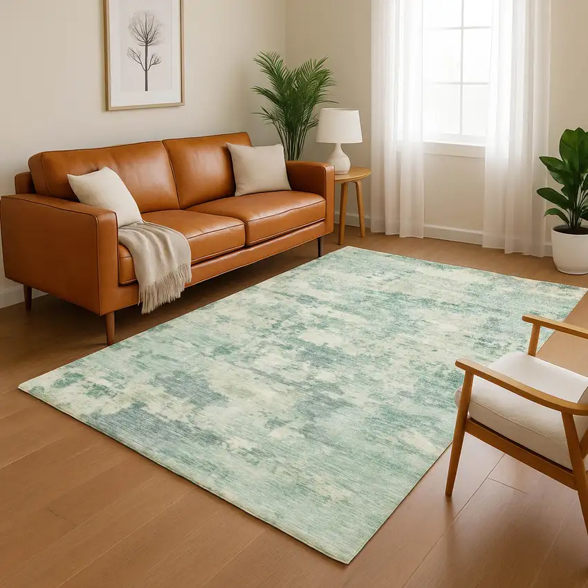 Teal And Linen Abstract Washable Area Rug With UV Protection Photo 5