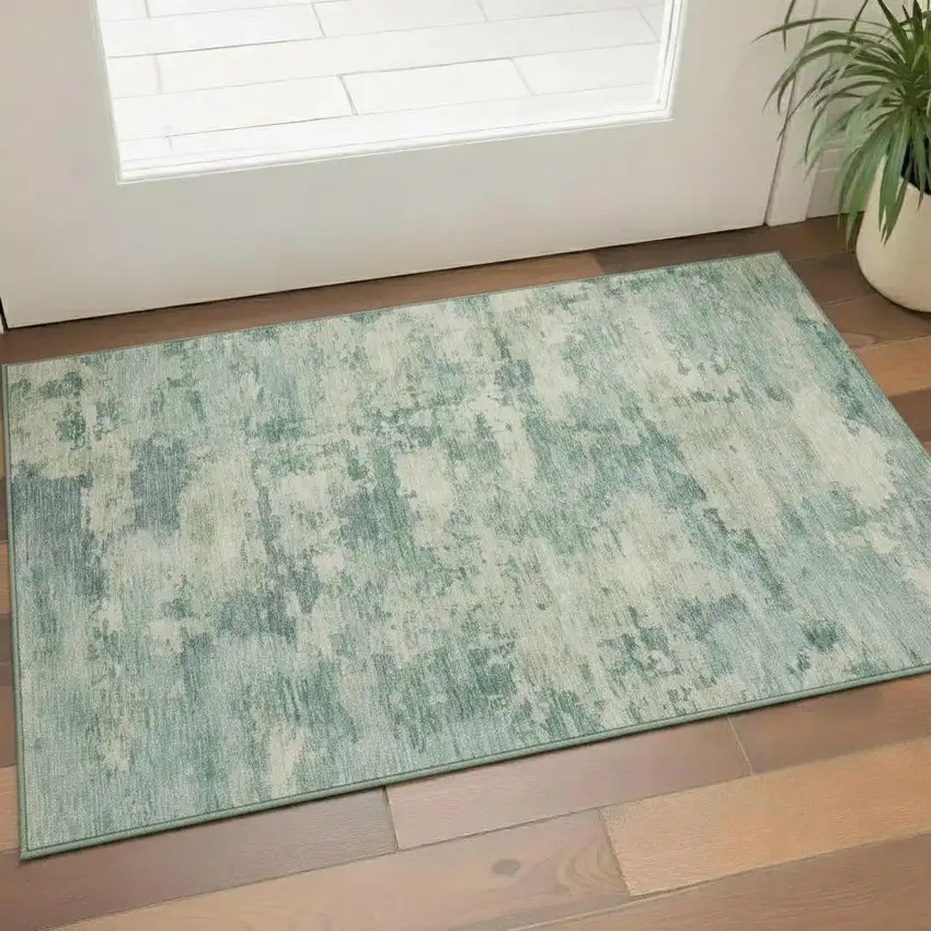 Teal And Linen Abstract Washable Area Rug With UV Protection Photo 2