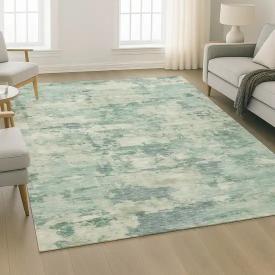 Teal And Linen Abstract Washable Area Rug With UV Protection Photo 6