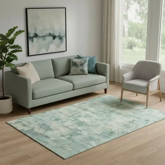Teal And Linen Abstract Washable Area Rug With UV Protection Photo 2