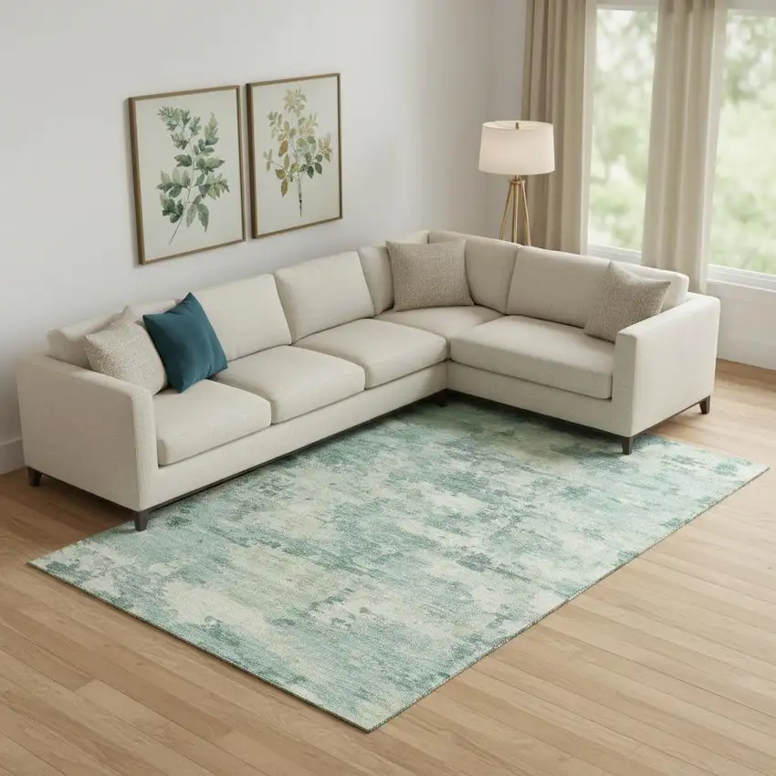Teal And Linen Abstract Washable Area Rug With UV Protection Photo 2