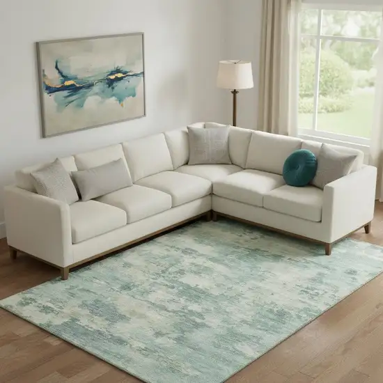 Teal And Linen Abstract Washable Area Rug With UV Protection Photo 2