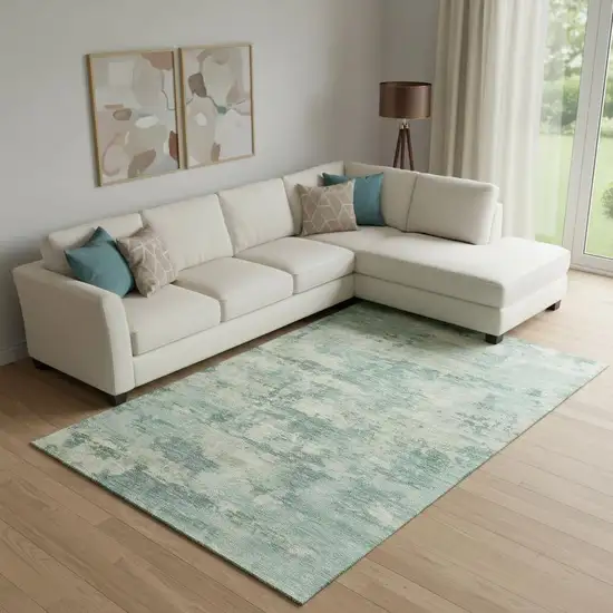 Teal And Linen Abstract Washable Area Rug With UV Protection Photo 1