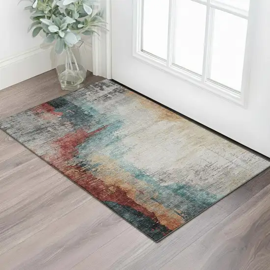 Teal And Mauve Abstract Washable Area Rug With UV Protection Photo 2