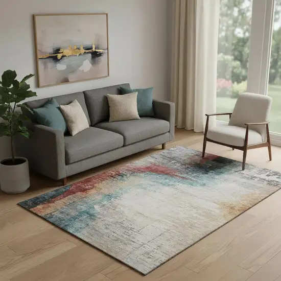 Teal And Mauve Abstract Washable Area Rug With UV Protection Photo 2