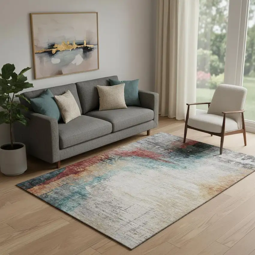 Teal And Mauve Abstract Washable Area Rug With UV Protection Photo 2