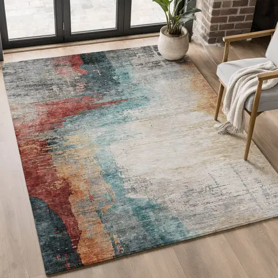 Teal And Mauve Abstract Washable Area Rug With UV Protection Photo 5