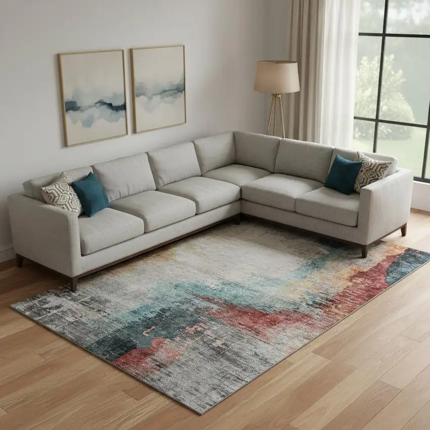 Teal And Mauve Abstract Washable Area Rug With UV Protection Photo 2