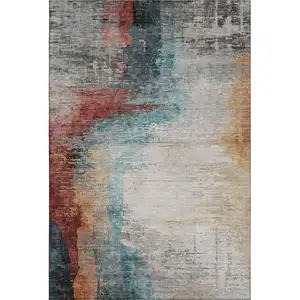 Photo of Teal And Mauve Abstract Washable Area Rug With UV Protection