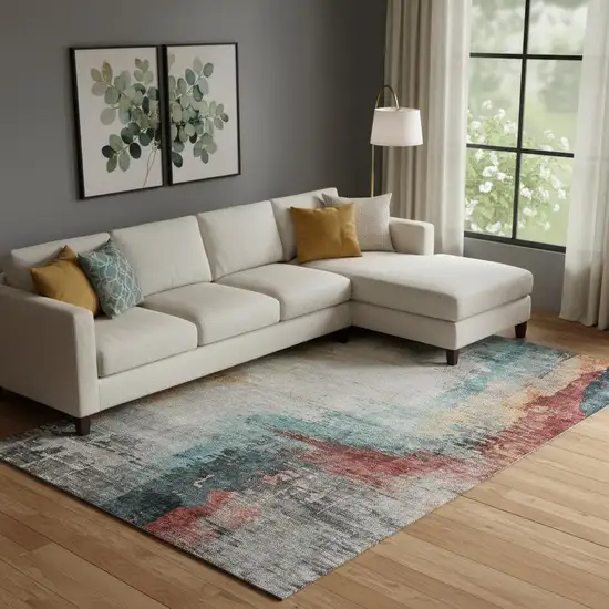 Teal And Mauve Abstract Washable Area Rug With UV Protection Photo 2