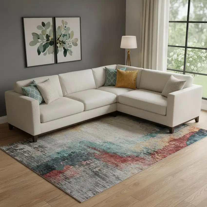 Teal And Mauve Abstract Washable Area Rug With UV Protection Photo 2