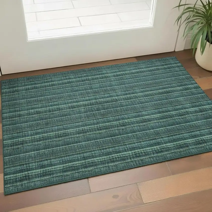 Teal And Mint Green Striped Washable Area Rug With UV Protection Photo 2