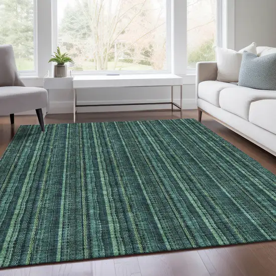 Teal And Mint Green Striped Washable Area Rug With UV Protection Photo 5