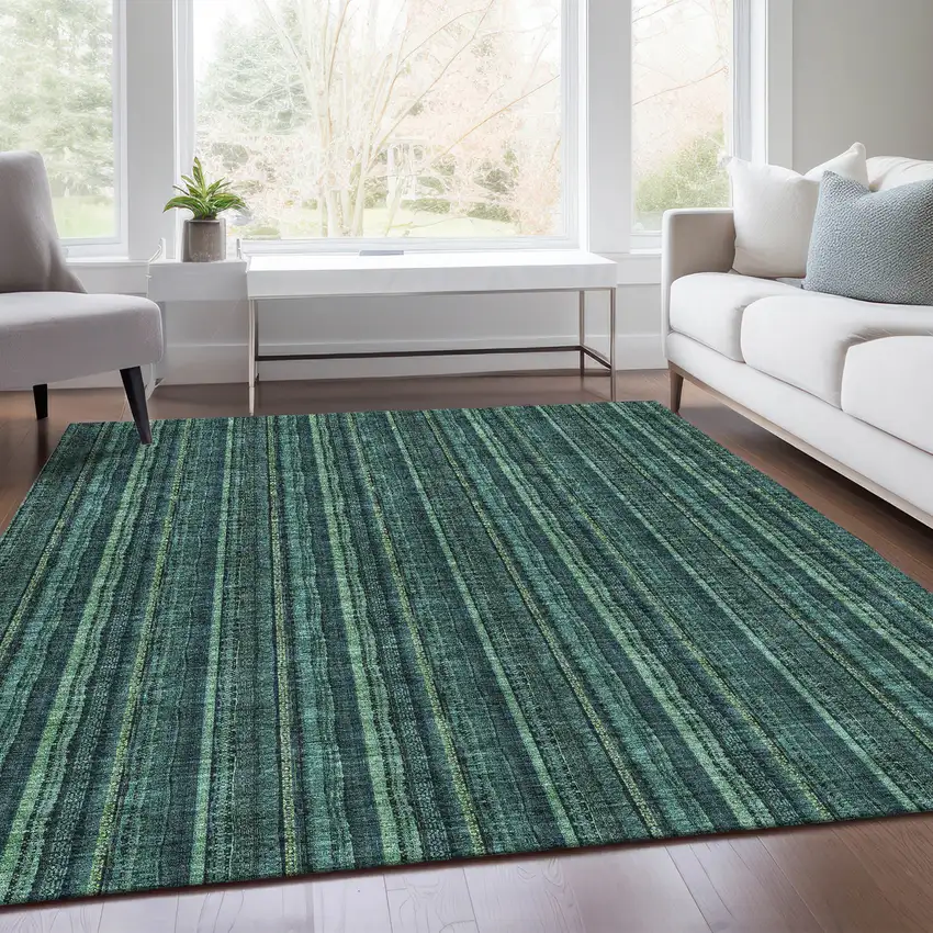 Teal And Mint Green Striped Washable Area Rug With UV Protection Photo 5