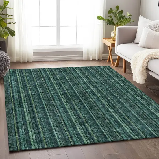 Teal And Mint Green Striped Washable Area Rug With UV Protection Photo 3