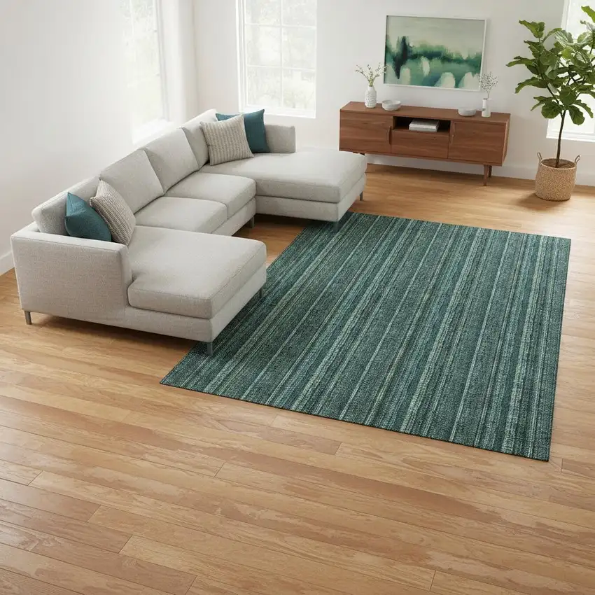 Teal And Mint Green Striped Washable Area Rug With UV Protection Photo 2