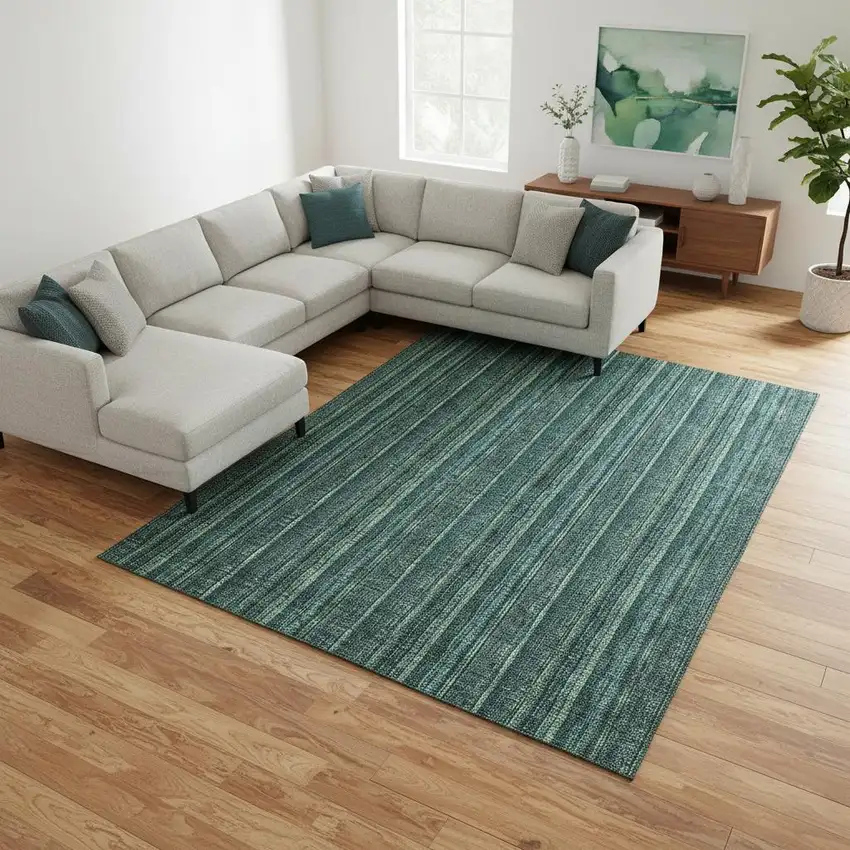 Teal And Mint Green Striped Washable Area Rug With UV Protection Photo 2