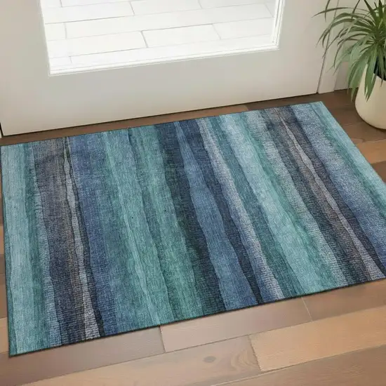 Teal And Navy Blue Striped Washable Area Rug With UV Protection Photo 2