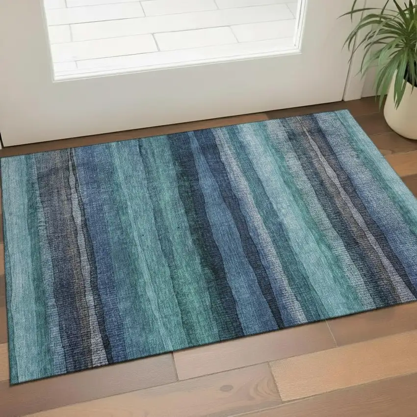 Teal And Navy Blue Striped Washable Area Rug With UV Protection Photo 2