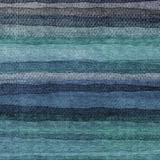 Teal And Navy Blue Striped Washable Area Rug With UV Protection Photo 3
