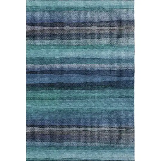 Teal And Navy Blue Striped Washable Area Rug With UV Protection Photo 4