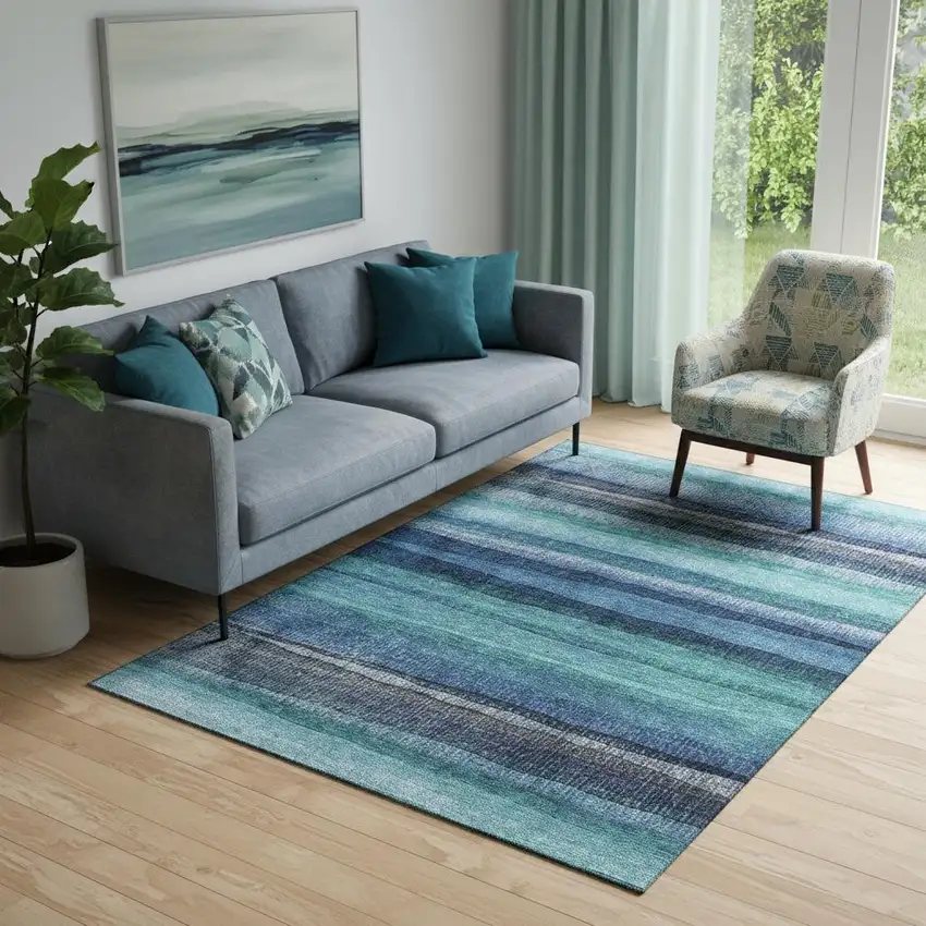 Teal And Navy Blue Striped Washable Area Rug With UV Protection Photo 2