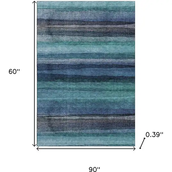 Teal And Navy Blue Striped Washable Area Rug With UV Protection Photo 9