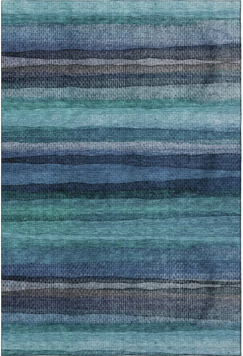 Teal And Navy Blue Striped Washable Area Rug With UV Protection Photo 4