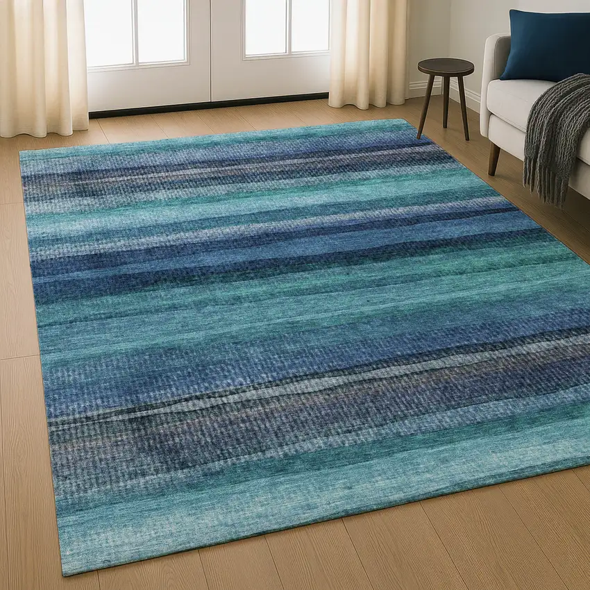 Teal And Navy Blue Striped Washable Area Rug With UV Protection Photo 5
