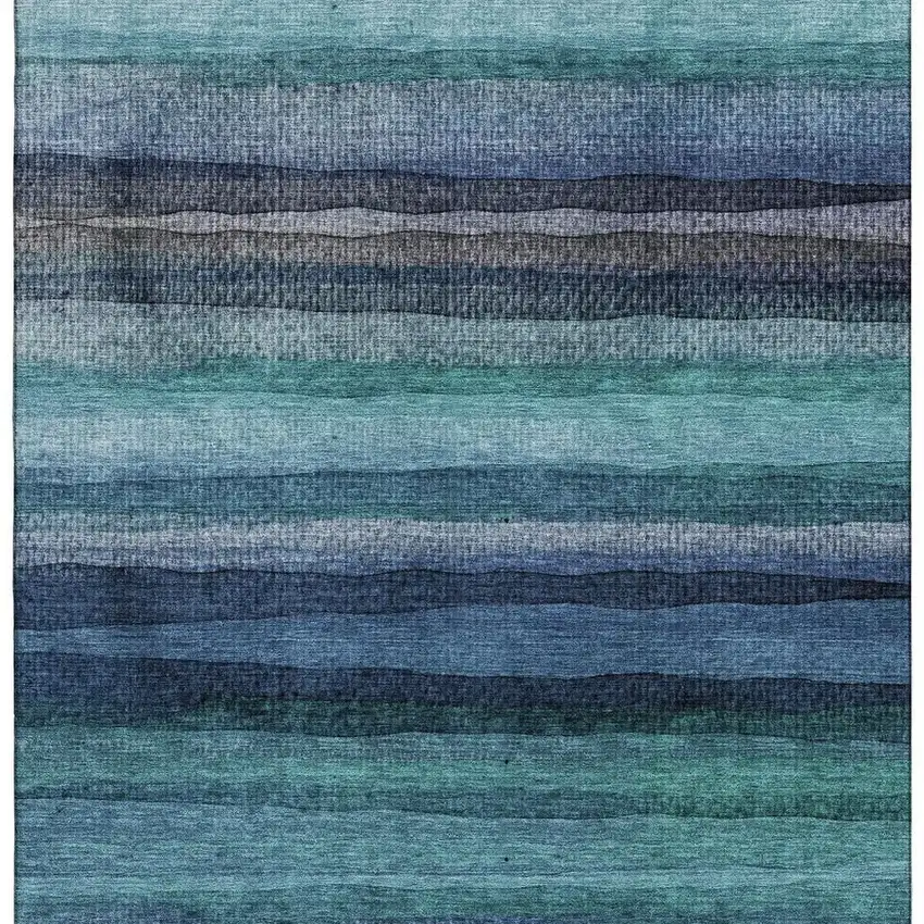 Teal And Navy Blue Striped Washable Area Rug With UV Protection Photo 3