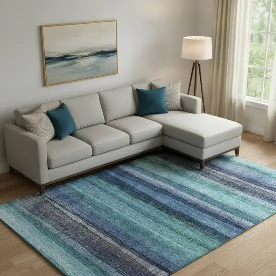 Teal And Navy Blue Striped Washable Area Rug With UV Protection Photo 2