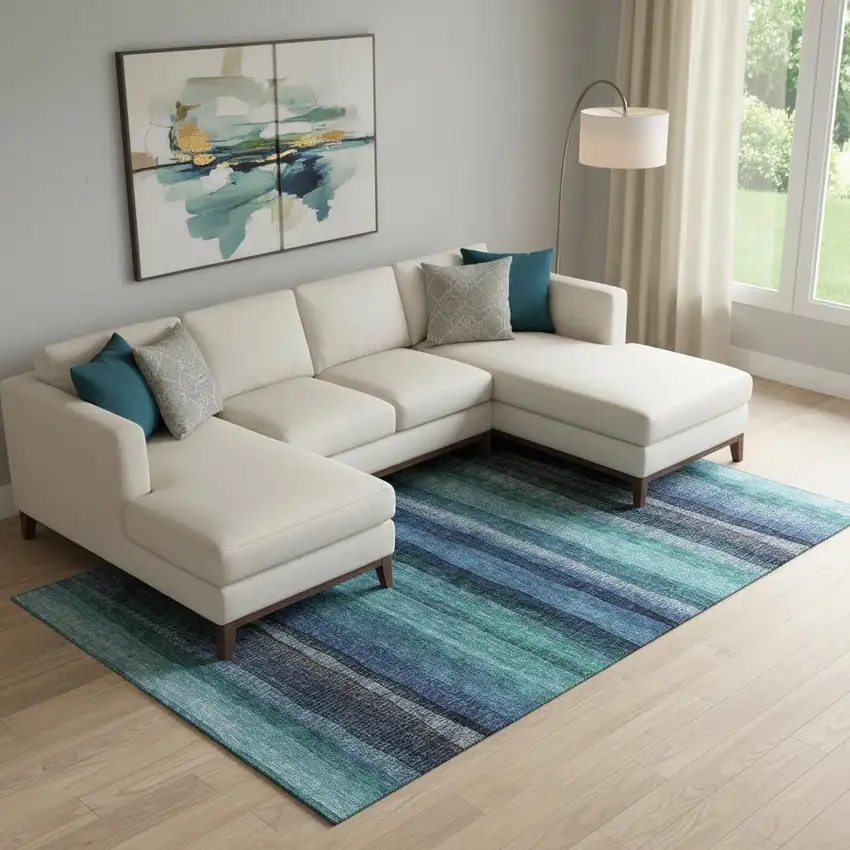 Teal And Navy Blue Striped Washable Area Rug With UV Protection Photo 2