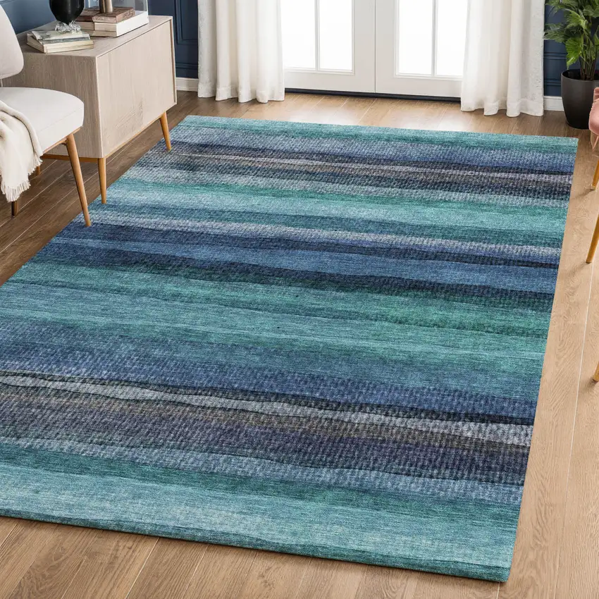 Teal And Navy Blue Striped Washable Area Rug With UV Protection Photo 6