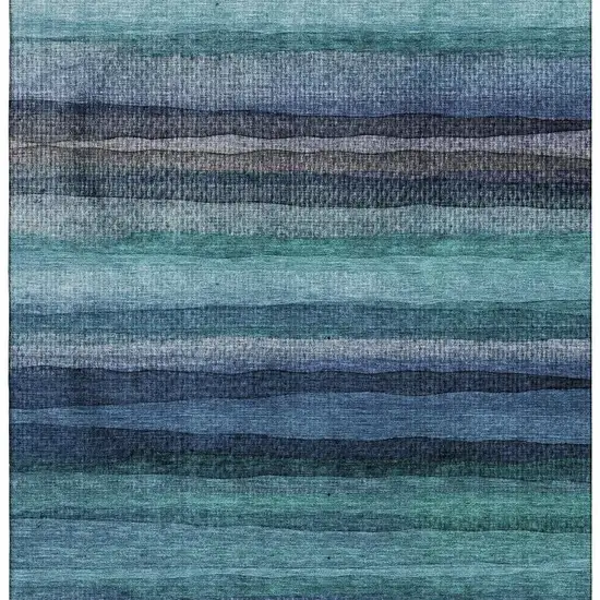 Teal And Navy Blue Striped Washable Area Rug With UV Protection Photo 4
