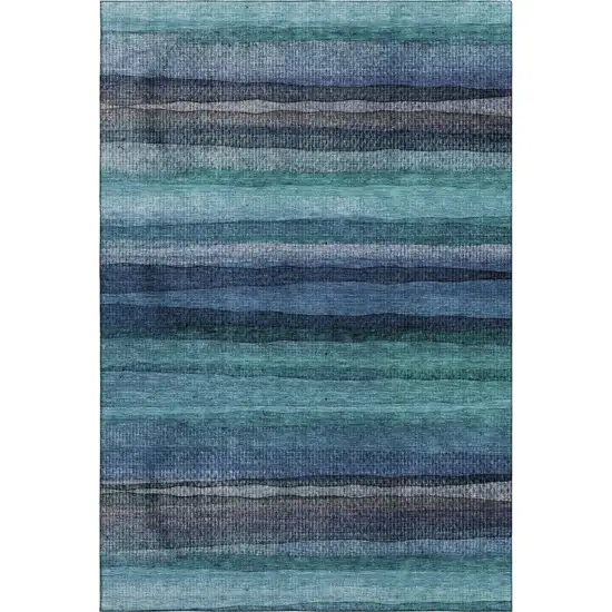 Teal And Navy Blue Striped Washable Area Rug With UV Protection Photo 1