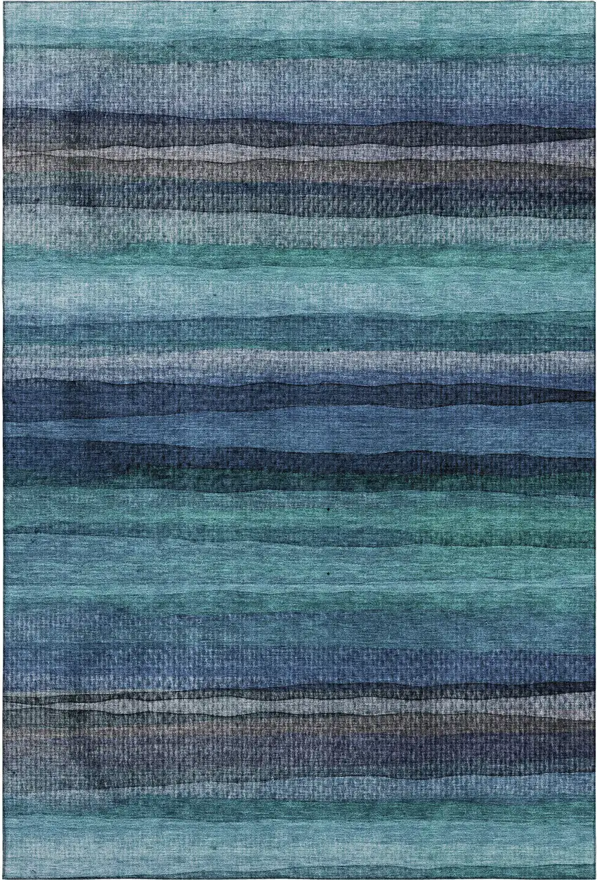 Teal And Navy Blue Striped Washable Area Rug With UV Protection Photo 1