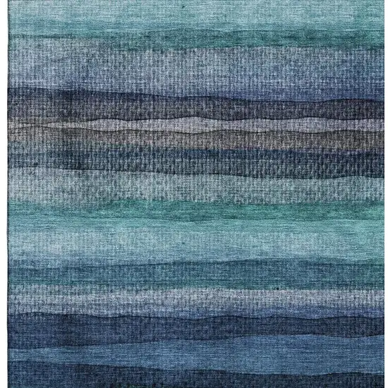 Teal And Navy Blue Striped Washable Area Rug With UV Protection Photo 3