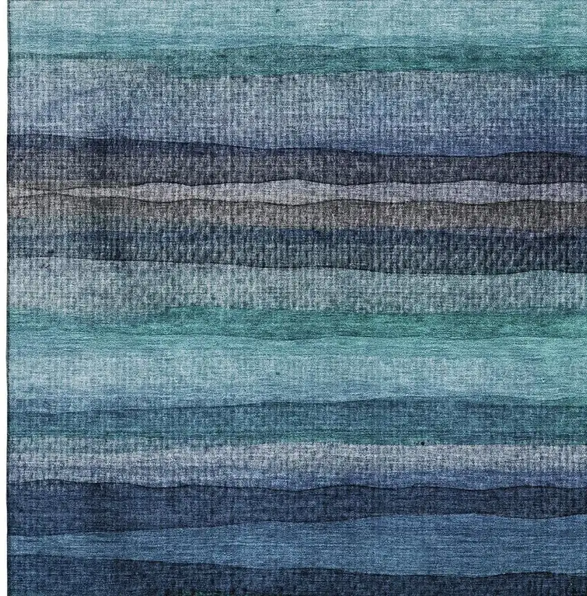 Teal And Navy Blue Striped Washable Area Rug With UV Protection Photo 3