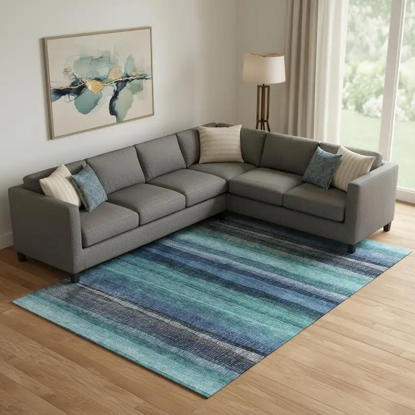 Teal And Navy Blue Striped Washable Area Rug With UV Protection Photo 2