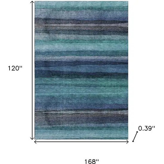 Teal And Navy Blue Striped Washable Area Rug With UV Protection Photo 9