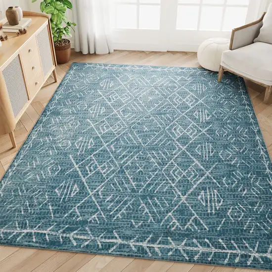 Teal And Off White Abstract Geometric Distressed Washable Area Rug Photo 6