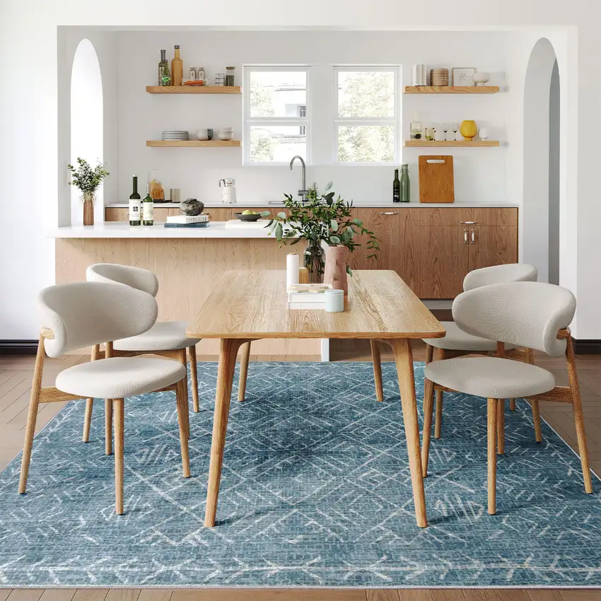 Teal And Off White Abstract Geometric Distressed Washable Area Rug Photo 5