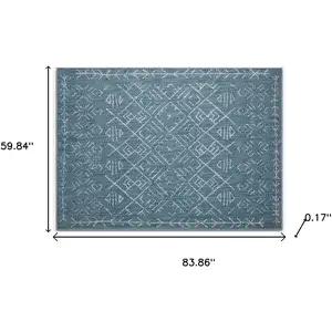 Photo of Teal And Off White Abstract Geometric Distressed Washable Area Rug