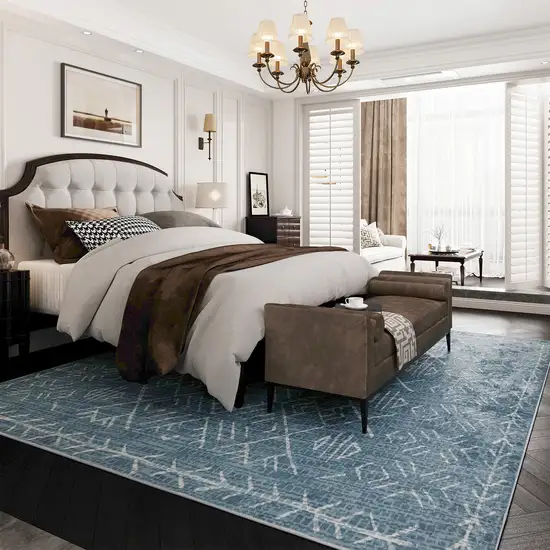 Teal And Off White Abstract Geometric Distressed Washable Area Rug Photo 4