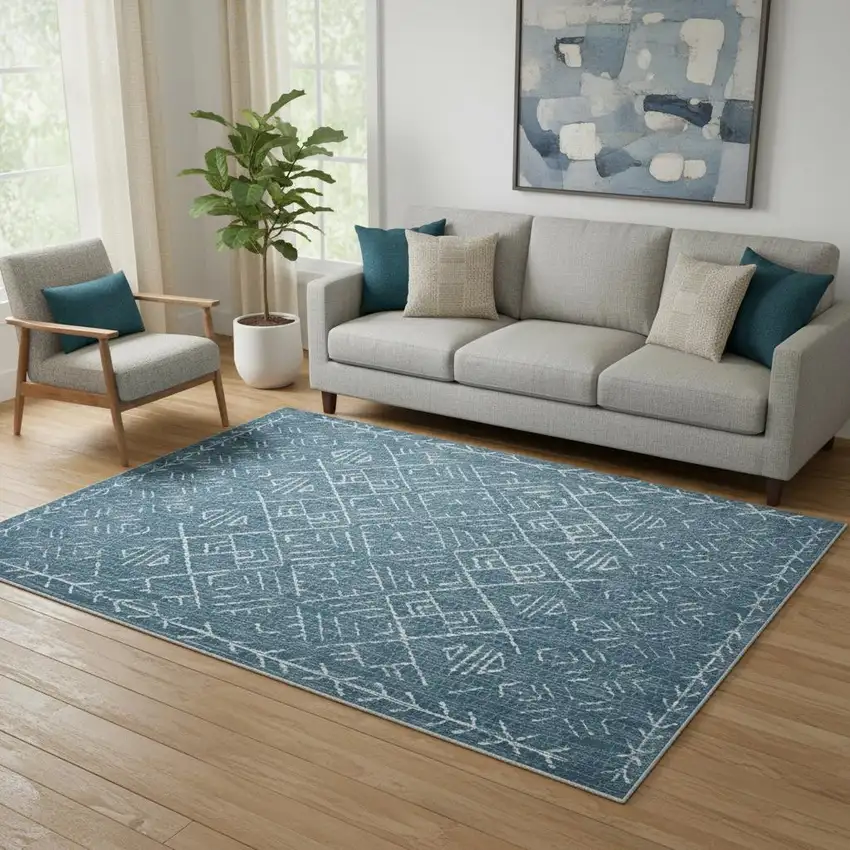 Teal And Off White Abstract Geometric Distressed Washable Area Rug Photo 1