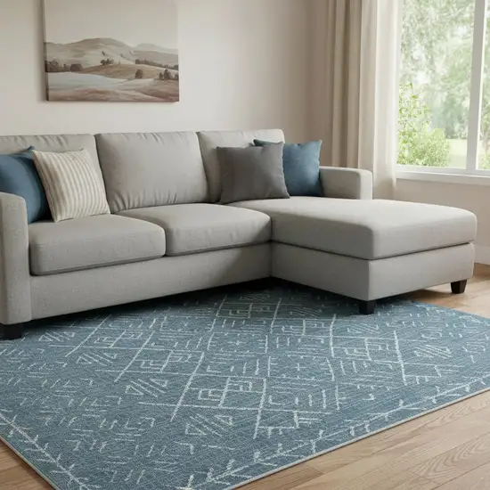 Teal And Off White Abstract Geometric Distressed Washable Area Rug Photo 1