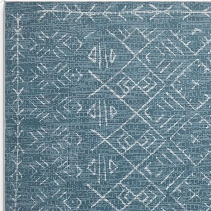 Teal And Off White Abstract Geometric Distressed Washable Area Rug Photo 3